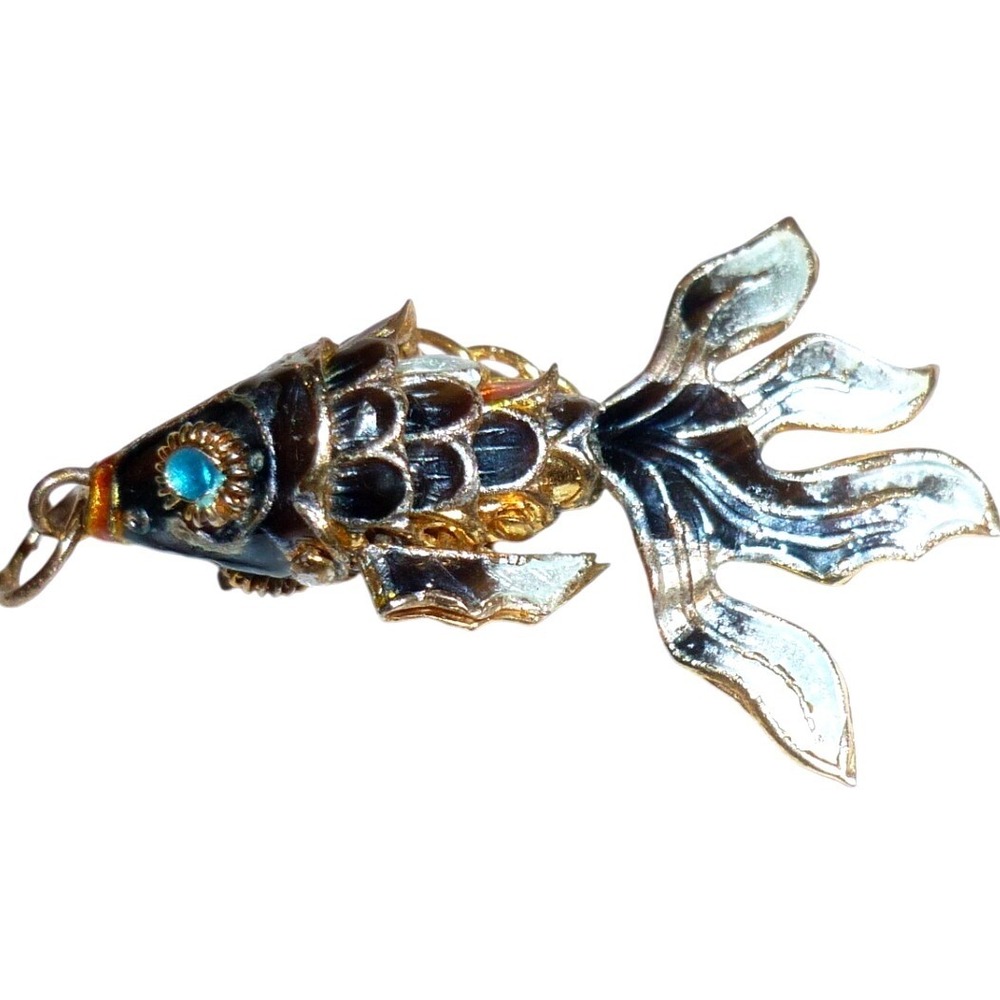 Vintage Articulated Koi Fish Pendant Cloisonne Enamel Moving Gold Tone Charm